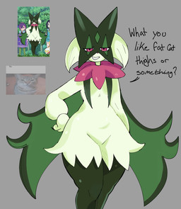 anthro anthro_focus female fur green_body green_fur hand_on_hip looking_at_viewer mask pink_body smile smiling_at_viewer solo text thick_thighs wide_hips c0cobeanz nintendo pokemon felid feline generation_9_pokemon mammal meowscarada pokemon_(species) absurd_res hi_res