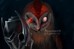 armor black_background blind_eye blood bodily_fluids claws feathers feral headgear helmet looking_at_viewer male red_eyes scar simple_background solo toe_claws arcossauro guardians_of_ga'hoole kludd avian barn_owl bird owl tyto tytonid