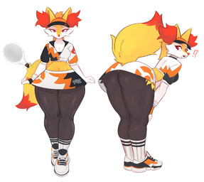 anthro big_butt bottom_heavy bottomwear butt clothed clothing female fur interrobang solo tennis_racket thick_thighs topwear wide_hips yellow_body yellow_fur ttothep_arts nintendo pokemon braixen generation_6_pokemon pokemon_(species) hi_res