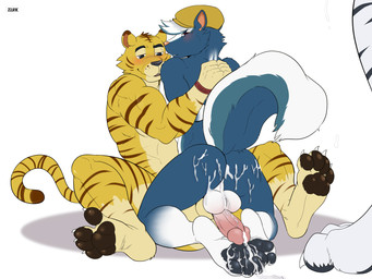 after_anal after_sex anthro anthro_on_anthro backsack balls blush bodily_fluids bound butt clothing cum cum_in_ass cum_inside cum_on_balls cum_on_butt cum_on_feet cum_on_penis erection faceless_character feet feet_on_penis flat_cap foot_fetish genital_fluids genitals group hat hat_only headgear headgear_only headwear headwear_only humanoid_genitalia humanoid_penis looking_back male male/male mostly_nude muscular muscular_anthro muscular_male nude pawpads paws penis penis_backwards simple_background skinny skinny_male soles spread_legs spreading white_background zourik animal_crossing nintendo kicks_(animal_crossing) tybalt_(animal_crossing) felid mammal mephitid pantherine skunk striped_skunk tiger 2020 4:3 hi_res signature