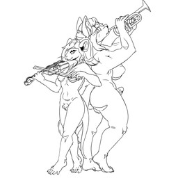 anthro b4d_cow big_breasts big_butt big_penis biped brass_instrument breasts butt casual_nudity duo erection foreskin genitals glans gynomorph gynomorph_anthro humanoid_genitalia humanoid_penis intersex intersex/intersex intersex_anthro musical_instrument nude nude_anthro nudist overweight partially_retracted_foreskin penis small_breasts small_penis social_nudity trumpet wind_instrument wrongcow april_(atiz) atiz_(character) canid canine fox mammal murid murine rat rodent 1:1 black_and_white digital_drawing_(artwork) digital_media_(artwork) line_art monochrome female_(lore)