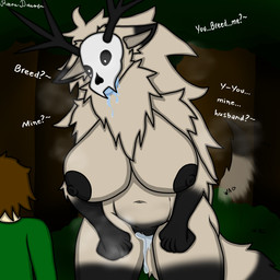 anthro big_breasts black_nipples bodily_fluids bone breasts breeding_request dialogue dripping dripping_vulva dripping_wet drooling duo female forest forest_background fur genital_fluids glowing glowing_eyes grey_body grey_fur hair heart_eyes heart_symbol in_heat larger_female long_hair love male male/female nature nature_background nipples nude plant saliva saliva_drip size_difference skull skull_head slightly_chubby smaller_male steam steamy_breath tail tail_motion tailwag thick_thighs tree vaginal_fluids white_body white_eyes white_hair reena_dreamer american_mythology indigenous_north_american_mythology mythology north_american_mythology human mammal wendigo absurd_res hi_res