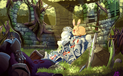 blood bodily_fluids bone death feral forest knight melee_weapon plant ruins shield skull solo sword tree wall_(structure) warrior weapon sk8th monty_python monty_python_and_the_holy_grail rabbit_of_caerbannog lagomorph leporid mammal rabbit hi_res meme