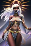 anthro big_breasts bottomwear breasts chain cleavage clothed clothing ear_piercing ear_ring egyptian female gem hair jewelry navel open_mouth piercing ring_piercing simple_background solo topwear white_hair yellow_eyes pistachiohorror canid canine canis jackal mammal 2023 digital_media_(artwork) hi_res