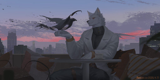 ambiguous_feral ambiguous_gender anthro black_nose bottomwear building cheek_tuft clothed clothing cloud duo facial_tuft feral fur grey_bottomwear grey_clothing grey_pants grey_topwear male male_anthro mouth_closed muscular muscular_anthro muscular_male neck_tuft outside pants red_eyes sitting spread_wings sunset text topwear tuft white_body white_clothing white_fur white_topwear wings awaldkize avian canid canine mammal 2026 absurd_res artist_name dated detailed hi_res