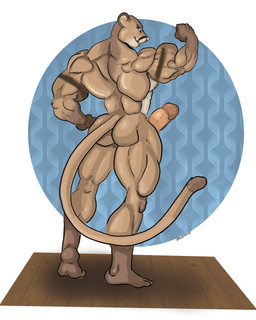 anthro back_muscles biceps big_muscles butt deltoids erection flexing flexing_bicep genitals huge_muscles hyper hyper_muscles male muscular muscular_anthro muscular_male muscular_thighs nude penis pose solo tail trapezius triceps wolfgangcake ricius_teck cougar felid feline mammal hi_res