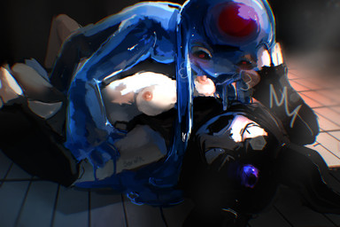 ambiguous_gender ambiguous_penetration anthro black_hair blue_goo blue_slime blush brain breasts clothing duo female floor floppy_ears forced from_front_position glistening glistening_body hair light lop_ears lying male male/female missionary_position nipples on_back on_ground open_mouth organs penetration pink_nipples rape restrained sex slime small_breasts teeth undressing boxwater rits_(boxwater) goo_creature 2025 digital_media_(artwork) digital_painting_(artwork) hi_res lighting painting_(artwork) shaded