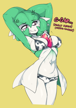 animal_print bikini breasts clothing cow_print dialogue eyebrows female green_body multicolored_body navel question_mark red_body red_eyes simple_background solo standing swimwear teeth text two-piece_swimsuit white_body yellow_background slugbox nintendo pokemon gardevoir generation_3_pokemon humanoid pokemon_(species) absurd_res hi_res