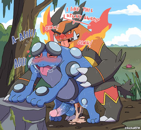 anal anal_penetration balls blush bodily_fluids cum duo ejaculation feral feral_on_feral genital_fluids genitals humanoid_genitalia humanoid_penis male male/male male_penetrating outside_sex penetration penis sex swamp anchunsfw nintendo pokemon emboar generation_5_pokemon pokemon_(species) seismitoad 2025 hi_res