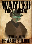 anthro clothed clothing cowboy_hat fur green_body green_fur green_hair green_nose hair hat headgear headwear jacket kerchief male neckerchief neckwear solo text topwear wanted_poster wild_west yoko_darkpaw yuki_darkpaw canid canine fox mammal 2015 absurd_res character_name english_text hi_res