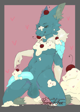 anthro balls blue_body blue_eyes blue_fur cherry cherry_in_mouth cherry_on_head dairy_products elemental_manipulation food fruit fur genitals gesture hand_gesture heart_symbol ice_manipulation kneeling looking_at_viewer male neck_tuft nude penis plant pointing pointing_at_penis solo tuft whipped_cream whipped_cream_on_crotch white_body white_fur foxyffox foxylovescoke frost_jeckals_(huf13) fenril_(spicy_flakes) absurd_res hi_res