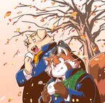 anthro autumn blush clothing duo eating food kemono male overweight overweight_male plant scarf shirt topwear tree takagi_kyou trouble_(series) futaba_kotobuki namihira_kousuke ailurid canid canine canis domestic_dog mammal red_panda 2024