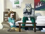 anthro bed bottomwear brown_body brown_fur clothing detailed_background duo eyes_closed fur furniture grey_body grey_fur hoodie inside kemono male pants pillow shirt topwear koi_(artist) morenatsu kouya_(morenatsu) shun_(morenatsu) canid canine canis domestic_dog husky mammal nordic_sled_dog spitz wolf 2007 4:3 archived_source