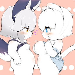 anthro big_breasts blue_eyes blush bottomless breast_envy breast_size_difference breasts clothed clothing clothing_lift comparing comparing_breasts dress duo female fur grey_body grey_fur hair huge_breasts kemono loli looking_down nipples oppai_loli overweight shirt shirt_lift simple_background slightly_chubby small_breasts tank_top topwear white_body white_fur white_hair yellow_eyes young sarier413 canid canine domestic_cat felid feline felis fox mammal 1:1 hi_res