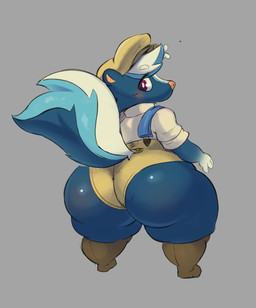 anthro big_butt blue_body blue_fur boots bottomwear butt clothing footwear fur hotpants looking_back male overalls shoes short_stack shorts solo suspenders thick_thighs wedgie saltyseaskunk animal_crossing nintendo kicks_(animal_crossing) mammal mephitid skunk absurd_res digital_media_(artwork) hi_res