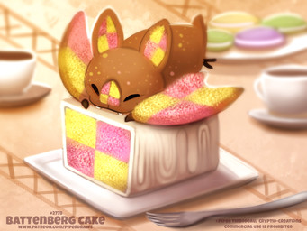 ambiguous_gender battenberg_cake beverage bite brown_body cake container cup cutlery dessert eyes_closed fangs feral food fork humor kitchen_utensils pink_body plate pun solo tablecloth tea tea_cup teeth text tools visual_pun wings yellow_body piper_thibodeau bat food_creature mammal digital_media_(artwork) digital_painting_(artwork) english_text painting_(artwork) url