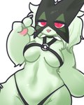 3_fingers anthro bikini biped blep breasts claws clothed clothing eyelashes female female_anthro finger_claws fingers front_view fur green_body green_fur grey_claws head_tuft kemono looking_at_viewer mask medium_breasts monotone_body monotone_fur navel pawpads paws pink_eyes pink_nose pink_pawpads pupils simple_background skimpy solo standing swimwear tongue tongue_out tuft two-piece_swimsuit white_background wide_hips lok_cat nintendo pokemon felid feline felis generation_9_pokemon mammal meowscarada pokemon_(species) 2023 colored half-length_portrait hi_res portrait shaded