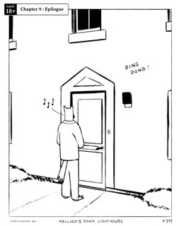anthro border bottomwear clothing door door_handle doorbell male musical_note musical_symbol pants shirt simple_background solo sound_effects symbol tail topwear whistling white_background white_border window sharkinthepark ding_dong maccaw_(sharkinthepark) avian bird owl 2024 4:5 absurd_res black_and_white comic hi_res monochrome