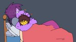 ambiguous_gender anthro bed blush cuddling duo female female/ambiguous furniture hair heart_symbol hug larger_female messy_hair purple_body romantic romantic_ambiance romantic_couple size_difference cchilab deltarune undertale_(series) kris_(deltarune) susie_(deltarune) human humanoid mammal reptile scalie distracting_watermark watermark