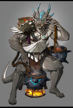 4_horns 5_fingers 5_toes anthro apron barefoot basket biped black_bottomwear black_claws black_clothing black_shorts blue_eyebrows blue_hair blue_horn bottomwear cauldron claws clothed clothed_anthro clothed_male clothing container countershade_arms countershade_hands countershade_legs countershade_neck countershade_tail countershade_torso countershading dipstick_horn exposed_chest exposed_teeth eyebrows feet finger_claws fingers fire food front_view fruit fully_clothed fully_clothed_anthro fully_clothed_male furniture grey_background grey_body grey_countershading grey_horn hair head_horn holding_object holding_rope horn horn_markings jewelry leaf leg_scar looking_down male markings mouth_closed multi_horn multicolored_body multicolored_horn necklace nipples non-mammal_nipples on_stool overbite plant plantigrade pupils rope scar shorts shoulder_guard simple_background sitting sitting_on_stool snout solo spatula steam stool tail teal_eyes teeth toe_claws toes tools two_tone_body underbite white_apron white_clothing yellow_teeth pacelic mythology garef_(gilga_emenent) dragon mythological_creature mythological_scalie scalie wingless_dragon 2023 colored digital_drawing_(artwork) digital_media_(artwork) full-length_portrait hi_res letterbox portrait