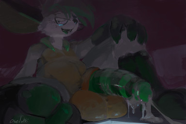 anthro balls belly big_balls big_belly big_ears big_penis bodily_fluids cum cum_on_ground cum_string eyewear fur genital_fluids genitals glasses gloves_(marking) green_eyes green_hair green_inner_ear green_penis grey_body grey_fur hair hand_on_knee hand_on_leg huge_balls huge_penis leg_markings male male_anthro markings narrowed_eyes navel nude open_mouth open_smile overweight overweight_anthro overweight_male penis sitting smile socks_(marking) solo spread_legs spreading striped_markings striped_tail stripes tail tail_markings white_body white_fur yellow_balls yellow_body yellow_fur oselotti wislow 2025 3:2 hi_res signature