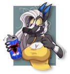 4_fingers anthro beverage big_breasts blue_ears breasts caffeine cleavage clothed clothing container crazy_eyes energy_drink female fingers fur grey_body grey_fur grin hair hi_res holding_container holding_object hyperactive impending_doom jitter mammal mane markings messy_hair out-of-placers purple_eyes shaking shaking_breasts shirt simple_background sleeveless_shirt smile solo thatgharialgirl topwear white_hair white_mane white_markings yellow_clothing yellow_sclera yellow_shirt yellow_topwear yinglet