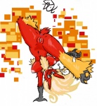 anthro anus big_breasts blue_eyes breasts chest_tuft feet female fire fur genitals handstand hanging_breasts happy kick nipples non-mammal_breasts non-mammal_nipples nude on_one_hand pussy simple_background solo talons toes tuft wide_hips wolflance nintendo pokemon avian bird blaziken generation_3_pokemon pokemon_(species) hi_res