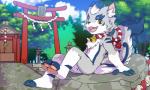 anthro bell collar inner_ear_fluff male nude open_mouth shinto_shrine shrine smile solo text tongue torii tuft young young_anthro oouyuki_benten canid canine mammal 5:3