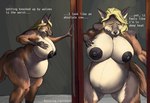 anthro areola belly big_belly big_breasts black_areola black_nipples breasts female huge_breasts leaning leaning_forward nipples pregnant pregnant_anthro pregnant_female solo text analog_raccoon canid canine canis coyote mammal english_text hi_res