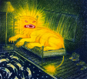 ambiguous_gender bed boots claws clothing curtains eyelashes feet feral footwear furniture glowing lamp membrane_(anatomy) open_mouth rug shoes teeth toes webbed_feet ink-the-artist monster 2020 hi_res