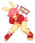 athletic athletic_female athletic_humanoid boxing_gloves breasts cleavage clothed clothing eyelashes female female_humanoid footwear hair handwear looking_at_viewer mouth_closed narrowed_eyes pink_hair pink_tail punch rabbit_ears red_boxing_gloves red_clothing red_eyes red_footwear red_handwear red_shoes red_topwear red_underwear scut_tail shoes short_tail simple_background smile speech_bubble tail topwear underwear white_background yellow_body yellow_skin mochabaebae tebu_(mochabaebae) animal_humanoid humanoid lagomorph lagomorph_humanoid leporid_humanoid mammal mammal_humanoid rabbit_humanoid 2023 digital_drawing_(artwork) digital_media_(artwork) full-length_portrait portrait