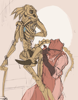anthro apron bodily_fluids bone clothed clothing duo eyewear fur genital_fluids gloves handwear holding_object machine male simple_background skeleton smile tail slate mammal mustelid musteline robot true_musteline weasel