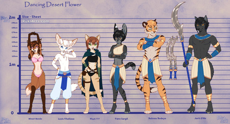 4_toes anthro barefoot chart claws clothed clothing feet female finger_claws height_chart khopesh male melee_weapon paws polearm sword text toe_claws toes weapon rukifox balrass_(rukifox) jarit_(rukifox) louis_(rukifox) minari_(rukifox) pheli_(rukifox) yaru_(rukifox) canid canine felid fennec_fox fox mammal pantherine tiger true_fox english_text hi_res model_sheet