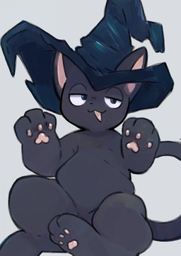 ambiguous_feral ambiguous_gender black_body black_ears black_fur black_tail clothing feral front_view fur hat hat_only headgear headgear_only headwear headwear_only kemono looking_at_viewer monotone_body monotone_fur monotone_tail mostly_nude open_:3 pawpads paws pink_inner_ear pink_pawpads semi-anthro solo tail wizard_hat tinntira domestic_cat felid feline felis mammal 2026 colored digital_media_(artwork) full-length_portrait hi_res portrait