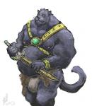 anthro belly big_belly black_body black_fur bottomwear bracelet bulge clothed clothing fur green_eyes harness holding_melee_weapon holding_object holding_sword holding_weapon jewelry loincloth male melanistic melee_weapon moobs mostly_nude musclegut muscular muscular_anthro muscular_male nipples overweight overweight_anthro overweight_male simple_background smile solo sword weapon whiskers white_background aokamidu felid mammal pantherine