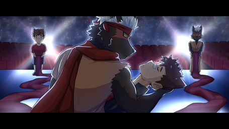 anthro asian_clothing band-aid band-aid_on_face band-aid_on_nose bandage bandage_on_face bandage_on_nose black_bars clothing duo east_asian_clothing holding_another male male/male romantic romantic_couple scar seat stage stage_lights younger_self dragokaizer666 lifewonders tokyo_afterschool_summoners bandaid_protagonist_(tas) protagonist_(tas) tadatomo_(tas) canid canine canis domestic_dog human mammal absurd_res hi_res letterbox