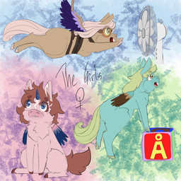 1_horn :3 ambiguous_feral ambiguous_gender blue_body blue_eyes blue_fur blue_horn brown_body brown_eyelashes brown_eyes brown_fur brown_hair brown_tail brown_wings buckteeth eyelashes eyewear fan_(object) feathered_wings feathers feral fur goggles green_hair green_hooves green_tail hair hooves horn open_mouth pink_body pink_fur pink_hair pink_hooves pink_tail purple_wings red_hooves rope side_view sitting smile solo spiral_horn spread_wings suspension tail teeth text toy_block wind wings young young_ambiguous young_feral lemoncurds fluffy_pony mythology equid equine fluffy_pony_(species) mammal mythological_creature mythological_equine pegasus winged_unicorn 1:1 2021 digital_media_(artwork) english_text hi_res female_(lore)