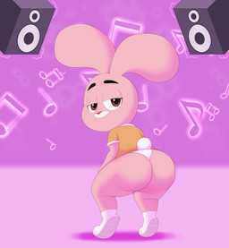 anthro big_butt butt clothed clothing crouching female fur leaning leaning_forward loli looking_at_viewer motion_lines musical_note musical_symbol panties pink_body pink_fur red_eyes solo speaker standing symbol twerking underwear young young_anthro inversecalamity cartoon_network the_amazing_world_of_gumball anais_watterson lagomorph leporid mammal rabbit 2020 absurd_res hi_res