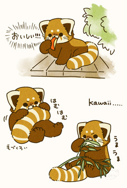bite black_eyes brown_body chibi dot_eyes eating feral kemono simple_eyes sitting solo text shi_nominmin ailurid mammal red_panda 2024 hi_res japanese_text