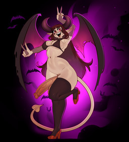 balls biped bottomless breasts clothed clothing eyelashes footwear genitals gesture gynomorph hand_gesture high_heels intersex legwear membrane_(anatomy) membranous_wings navel penis pupils raised_leg red_eyes sharp_teeth shoes smile solo spade_tail tail teeth thick_thighs thigh_highs v_sign wide_hips wings lewdstuffart demon demon_humanoid humanoid absurd_res hi_res