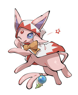 blue_eyes blue_gem blush bow_tie cosplay feral flesh_fang forehead_gem forked_tail fur gem hooded_cloak looking_at_viewer on_hind_legs one_eye_closed open_mouth open_smile pink_body pink_fur simple_background smile solo tail unusual_anatomy unusual_tail white_background wink winking_at_viewer yumeminoideyu2 nintendo pokemon eeveelution espeon generation_2_pokemon pokemon_(species) 2025