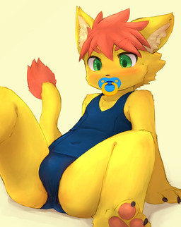 anthro blue_eyes blush bulge clothed clothing crossdressing feet fur hair hindpaw male one-piece_swimsuit orange_hair pacifier paws school_swimsuit shota solo spread_legs spreading swimwear yellow_body yellow_fur young young_anthro rainichi third-party_edit felid lion mammal pantherine