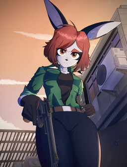 accessory air_conditioner anthro belt black_ears bottomwear building clothed clothing cloud collared_shirt denim denim_bottomwear denim_clothing ear_tuft eye_markings female frown fur gloves gun hair hair_accessory hairclip handgun handwear holding_gun holding_handgun holding_object holding_ranged_weapon holding_revolver holding_weapon jeans looking_at_viewer low-angle_view markings open_clothing open_shirt open_topwear orange_eyes orange_sky pants ranged_weapon red_hair revolver rolled_up_sleeves s&w_m29 scowl shirt short_hair sky smoking_gun solo speedloader topwear tuft undershirt weapon white_body white_fur kosatich smith_&_wesson elisa_(kosatich) lagomorph leporid mammal rabbit 2021 absurd_res digital_media_(artwork) halftone hi_res