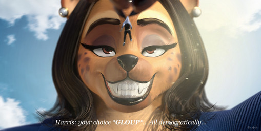 anthro black_bottomwear black_clothing black_lips black_nose black_pants black_shirt black_topwear blue_clothing blue_shirt blue_sky blue_topwear blurred_background bottomwear brown_body brown_eyes brown_fur brown_hair claws clothing cloud dangling dialogue duo ear_piercing eyebrows eyelashes female female_anthro finger_claws footwear fur hair holding_character larger_anthro larger_female lips looking_at_another macro_anthro macro_female male male_human micro micro_human micro_in_hand micro_male outside pants piercing pinched pointy_ears prick_ears shirt shoes size_difference sky smaller_human smaller_male smile sound_effects suit_jacket swallowing teeth text threatening_vore topwear white_clothing white_footwear white_shoes taylornoir twilightv0ids_(modeler) kamala_harris human hyena mammal 2025 3d_(artwork) artist_name colored digital_drawing_(artwork) digital_media_(artwork) english_text hi_res mixed_media signature