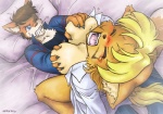 anthro anthro_on_anthro bed big_breasts bird's-eye_view blonde_hair blue_eyes blush bodily_fluids bottomless breast_grab breast_squeeze breasts brown_body brown_fur brown_hair claws clenched_teeth clothed clothed_sex clothing cowgirl_position duo eyes_closed facial_markings female from_front_position fur furniture grope hair hand_on_breast head_markings high-angle_view inside jacket lying male male/female markings moan multicolored_body multicolored_fur naturally_censored on_back on_bed on_bottom on_top one_eye_closed open_clothing open_jacket open_mouth open_shirt open_topwear rough_sex sex shirt squeezing straddling sweat tail tan_body tan_fur teeth topwear two_tone_body two_tone_fur ryou al_(ryou) canid canine canis domestic_dog fox mammal 2010 hi_res