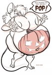 2018 anthro areola areola_slip belly belly_expansion big_belly big_breasts bottomwear breast_expansion breasts clothing digital_media_(artwork) dutch_(artist) english_text expansion female food fruit hair hi_res huge_belly huge_breasts jack-o'-lantern line_art mammal markings misty_(dutch) mole_(marking) mouse murid murine nipple_outline plant pumpkin pumpkin_belly rodent solo speech_bubble text topwear