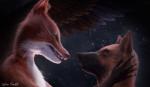 2016 3d_(artwork) angel anthro canid canine canis digital_media_(artwork) domestic_dog duo female fox mammal simple_background zefirotreddi