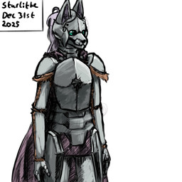 anthro armor cape clothing female furgonomics gauntlets gloves green_eyes grey_hair hair handwear headgear helmet looking_at_viewer solo standing tied_hair starlithe canid canine fox mammal 1:1 signature
