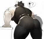 anthro arm_support belt bent_over big_butt big_muscles black_hair bottomwear bubble_butt butt butt_focus clothed clothed_anthro clothed_male clothing fully_clothed fur hair leaning leaning_forward male muscular muscular_anthro muscular_male pants shirt simple_background solo tail tail_aside thick_thighs three-quarter_view tight_bottomwear tight_clothing tight_pants tight_topwear topwear vest white_background white_body white_fur doooo2424 anonymous_character canid canine canis mammal wolf 2022 digital_media_(artwork) pictographics portrait three-quarter_portrait