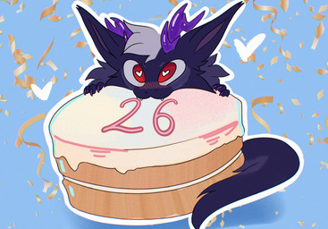 birthday_cake bite blush cake chibi claws dessert female food fur horn solo ivnis mythology dragon furred_dragon furred_scalie mythological_creature mythological_scalie scalie hi_res